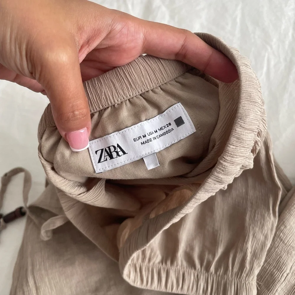 Zara Beige Linen Blend Drawstring Pants Tan Flowy Size Medium
